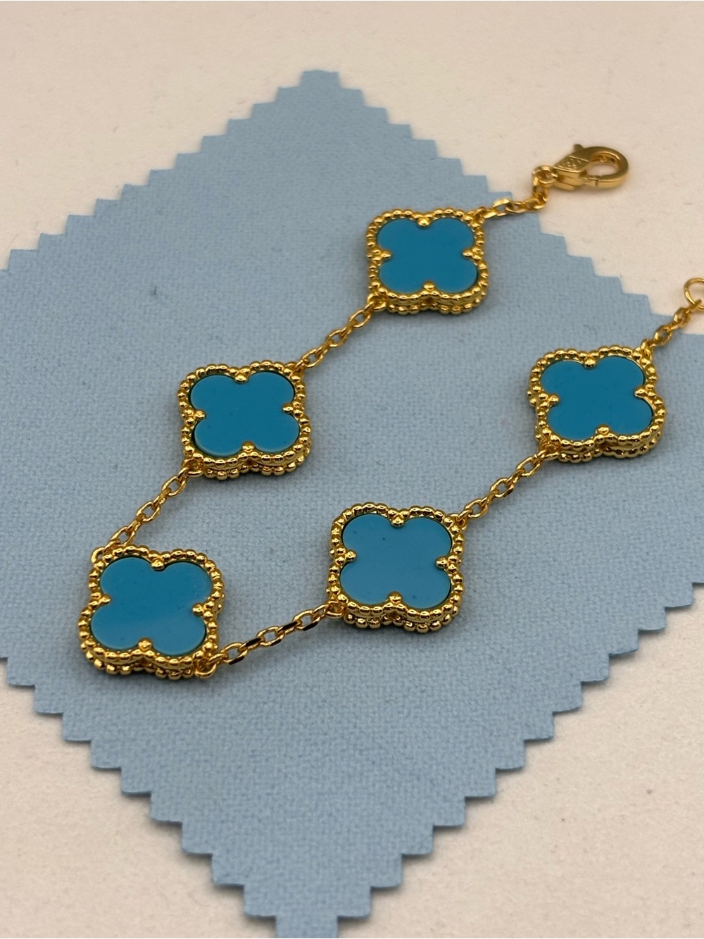 18k Yellow Gold Plated 15mm Blue Turquoise Clover Chain Link Bracelet